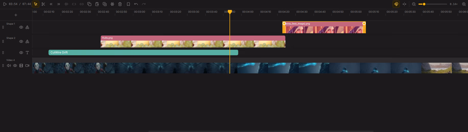 CutWire Drift multi-track timeline with video, effects and audio
