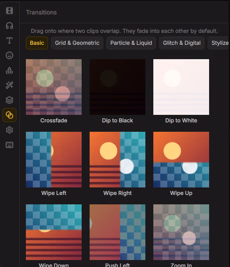 Transitions between clips