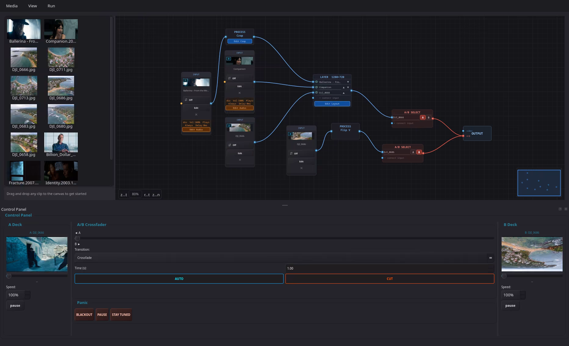 CutWire Prism interface preview — live video mixing with dark UI and orange accents